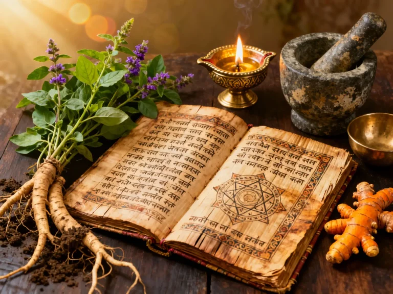 Древняя рукопись Атхарва Веды с санскритскими мантрами и аюрведическими символами на фоне священных трав и масляной лампы